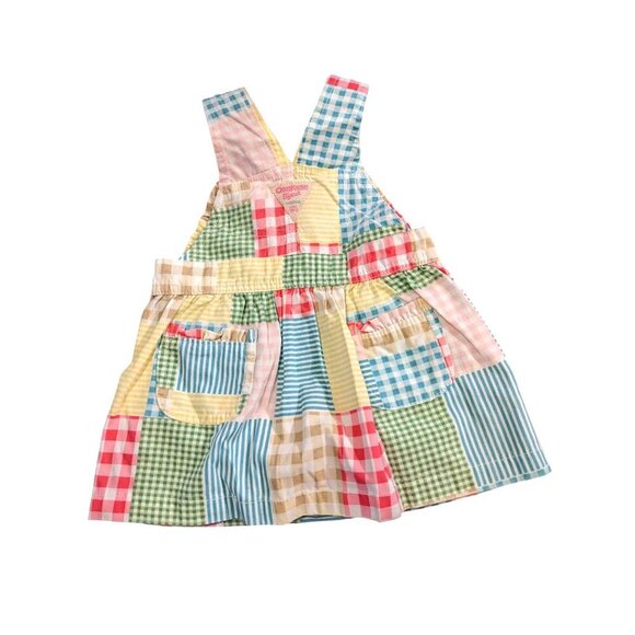 Vintage Osh Kosh Jumper Dress Patchwork Overall Bib Front Baby Girls Size 9m - Picture 2 of 5